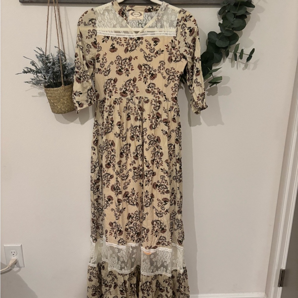 Joyfolie Brown and Cream Ruffled Tiered Maxi Dress. Never worn